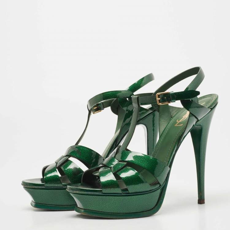 Pre Owned Saint Laurent Green Patent Leather Tribute Ankle Strap Sandals Size 40