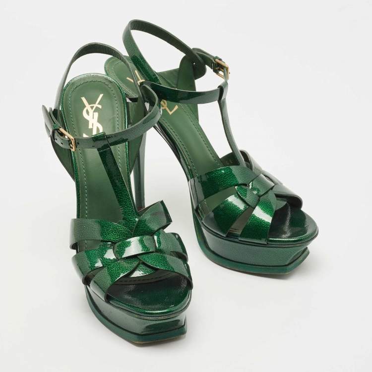 Pre Owned Saint Laurent Green Patent Leather Tribute Ankle Strap Sandals Size 40