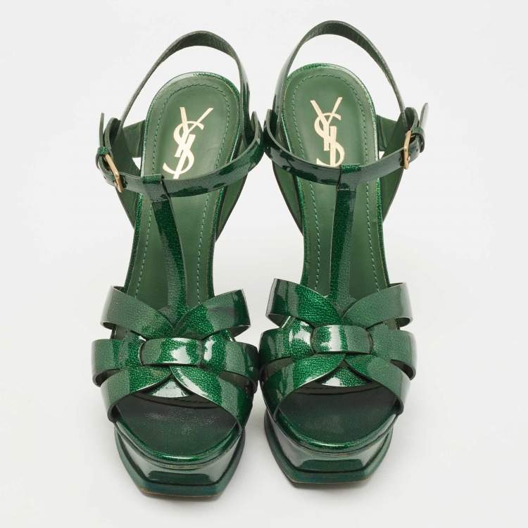 Pre Owned Saint Laurent Green Patent Leather Tribute Ankle Strap Sandals Size 40