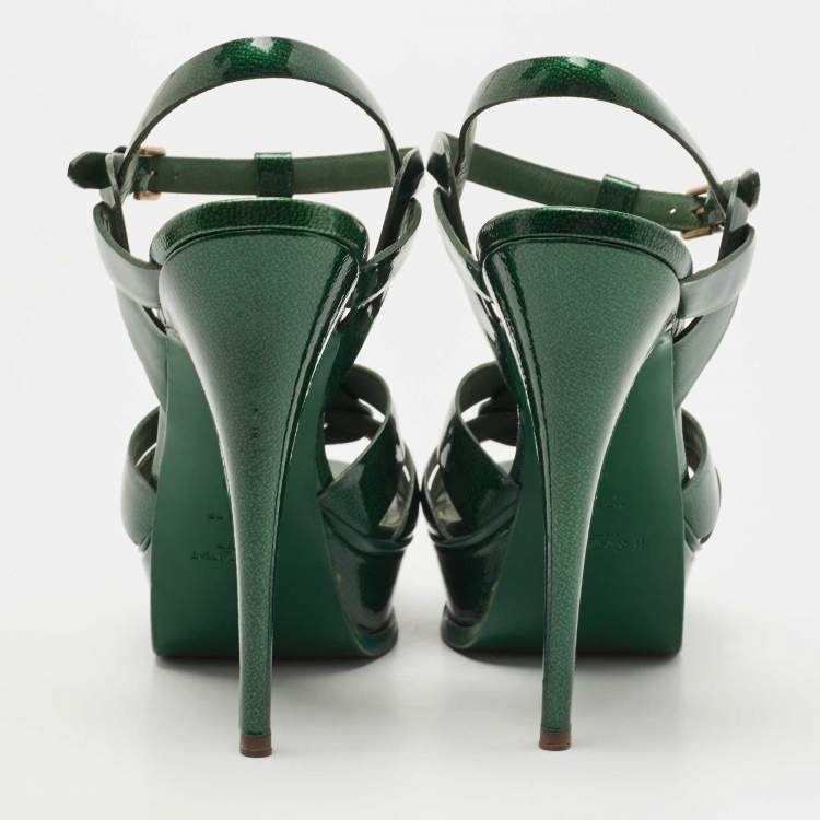 Pre Owned Saint Laurent Green Patent Leather Tribute Ankle Strap Sandals Size 40
