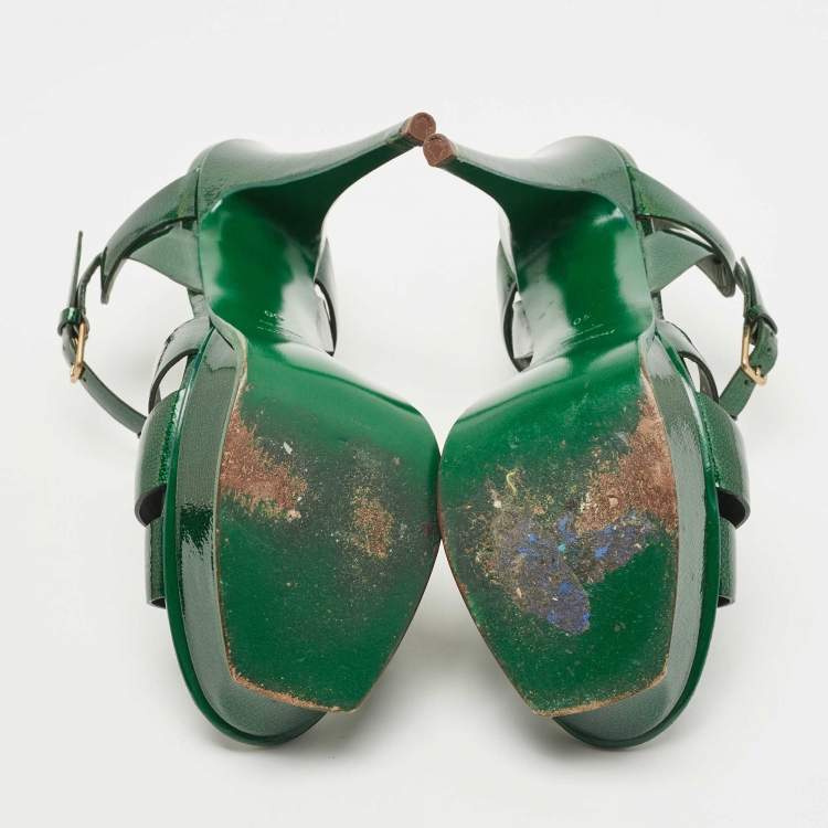 Pre Owned Saint Laurent Green Patent Leather Tribute Ankle Strap Sandals Size 40