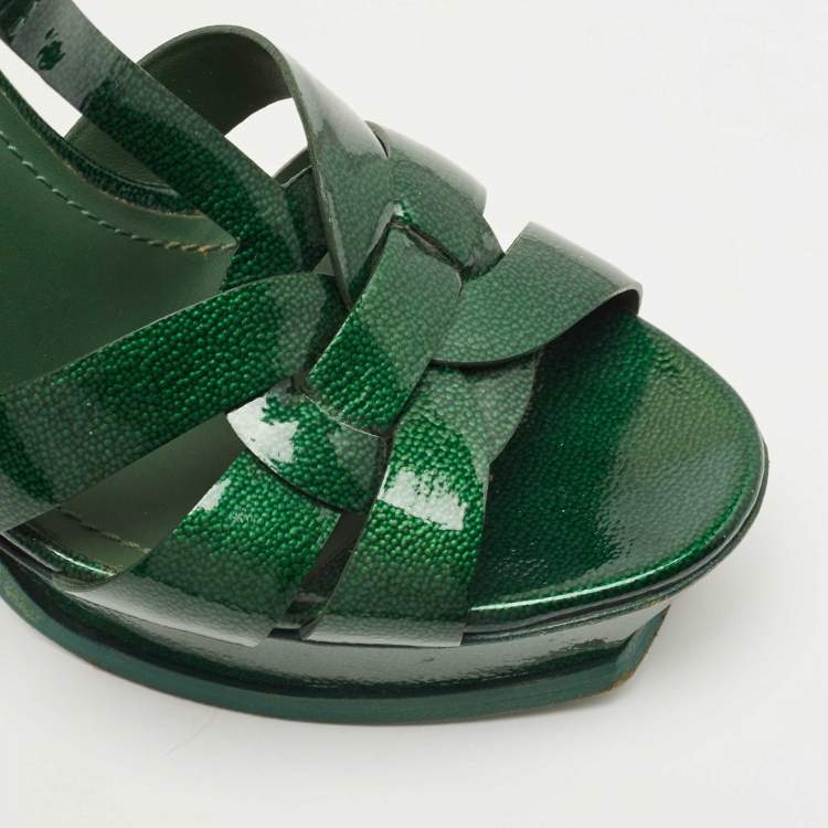 Pre Owned Saint Laurent Green Patent Leather Tribute Ankle Strap Sandals Size 40