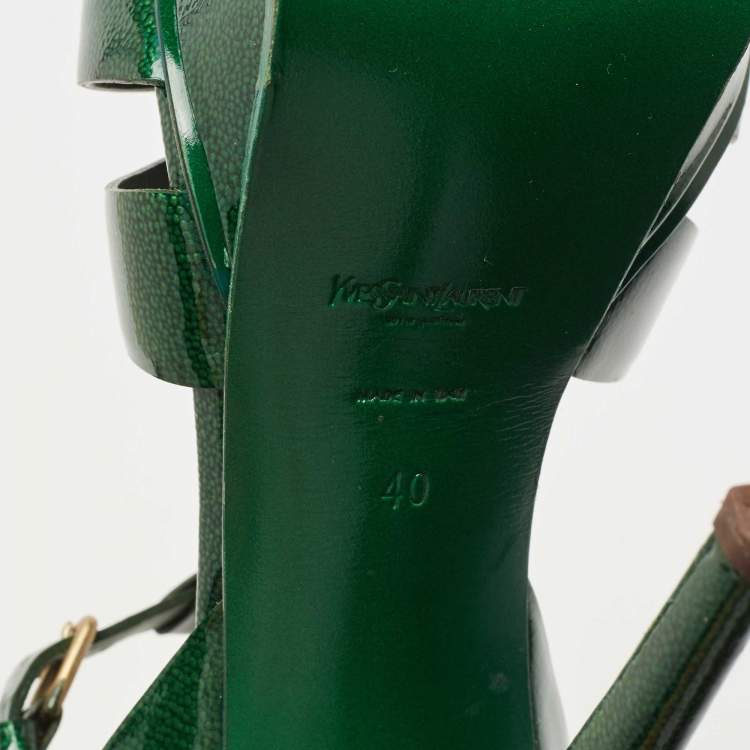 Pre Owned Saint Laurent Green Patent Leather Tribute Ankle Strap Sandals Size 40