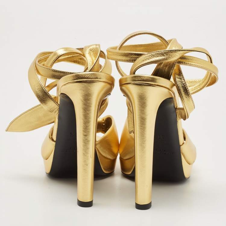 مملوكة مسبقًا Saint Laurent Gold Foil Leather Knotted Platform Ankle Wrap Sandals Size 38.5