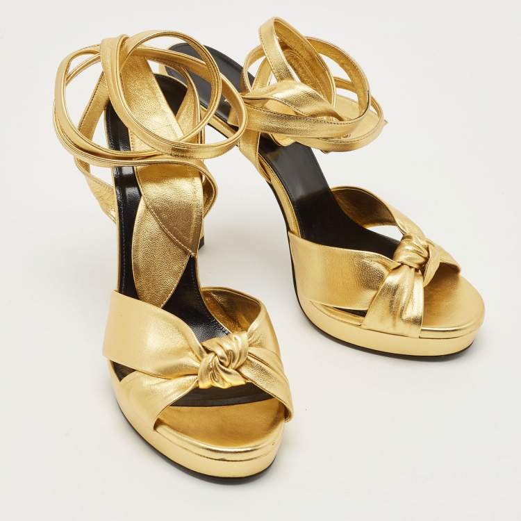 مملوكة مسبقًا Saint Laurent Gold Foil Leather Knotted Platform Ankle Wrap Sandals Size 38.5