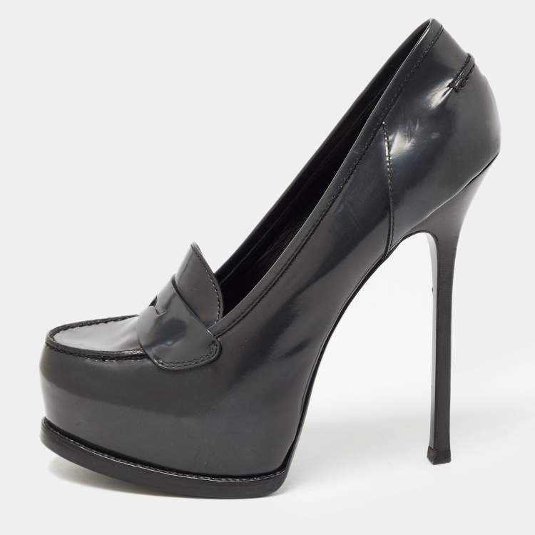 Pre Owned Saint Laurent Grey Leather Tribtoo Platform Loafer Pumps Size 41