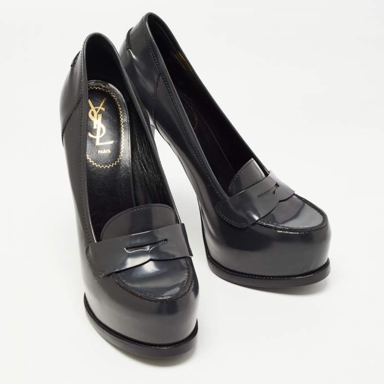 Pre Owned Saint Laurent Grey Leather Tribtoo Platform Loafer Pumps Size 41