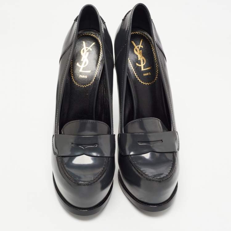 Pre Owned Saint Laurent Grey Leather Tribtoo Platform Loafer Pumps Size 41