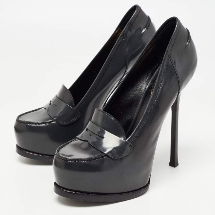 Pre Owned Saint Laurent Grey Leather Tribtoo Platform Loafer Pumps Size 41