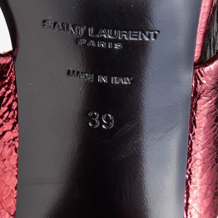 Pre Owned Saint Laurent Metallic Red Foil Leather Loulou Criss Cross Slide Sandals Size 39