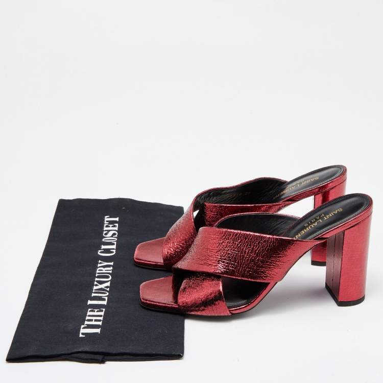 Pre Owned Saint Laurent Metallic Red Foil Leather Loulou Criss Cross Slide Sandals Size 39