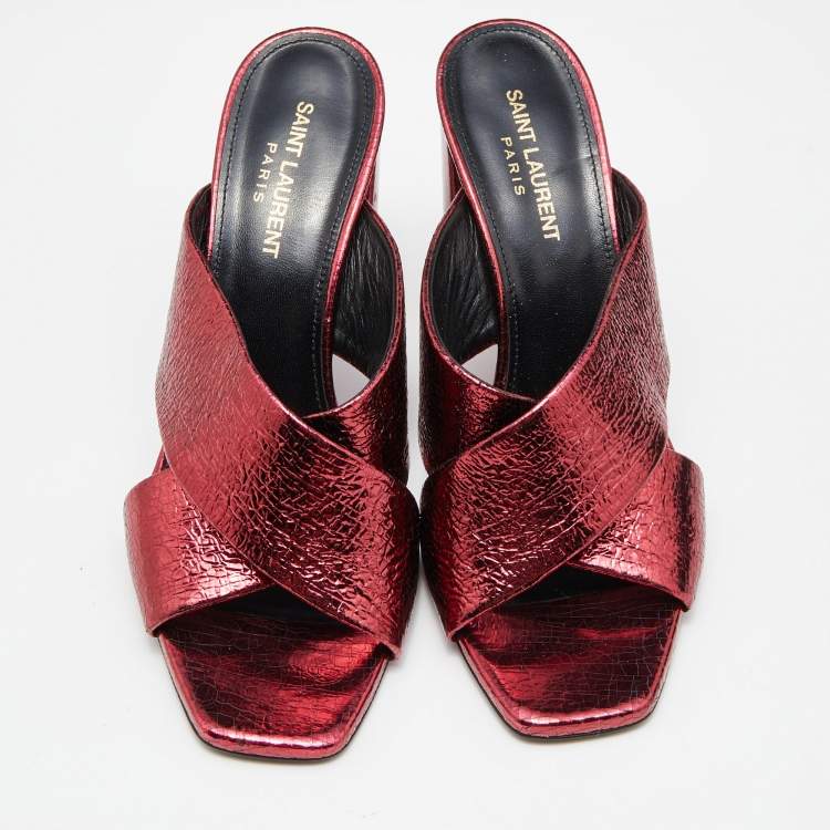Pre Owned Saint Laurent Metallic Red Foil Leather Loulou Criss Cross Slide Sandals Size 39