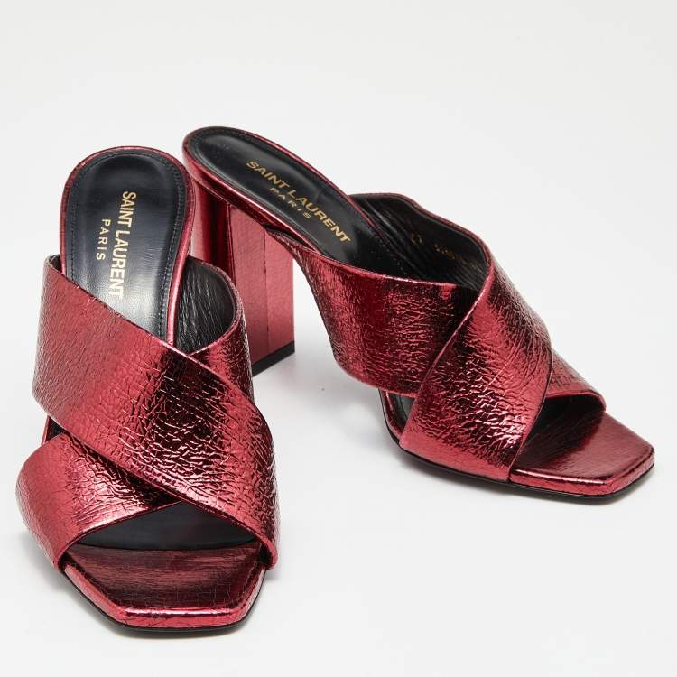 Pre Owned Saint Laurent Metallic Red Foil Leather Loulou Criss Cross Slide Sandals Size 39