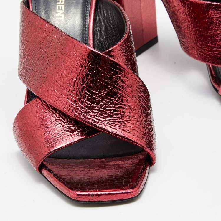 Pre Owned Saint Laurent Metallic Red Foil Leather Loulou Criss Cross Slide Sandals Size 39