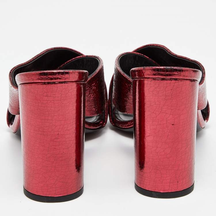 Pre Owned Saint Laurent Metallic Red Foil Leather Loulou Criss Cross Slide Sandals Size 39