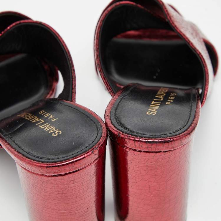 Pre Owned Saint Laurent Metallic Red Foil Leather Loulou Criss Cross Slide Sandals Size 39