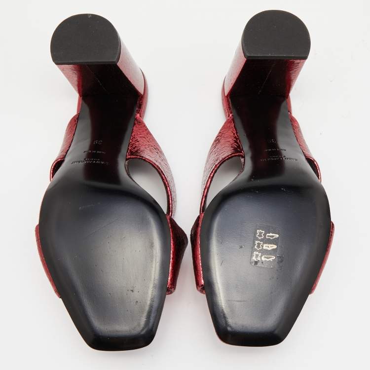 Pre Owned Saint Laurent Metallic Red Foil Leather Loulou Criss Cross Slide Sandals Size 39