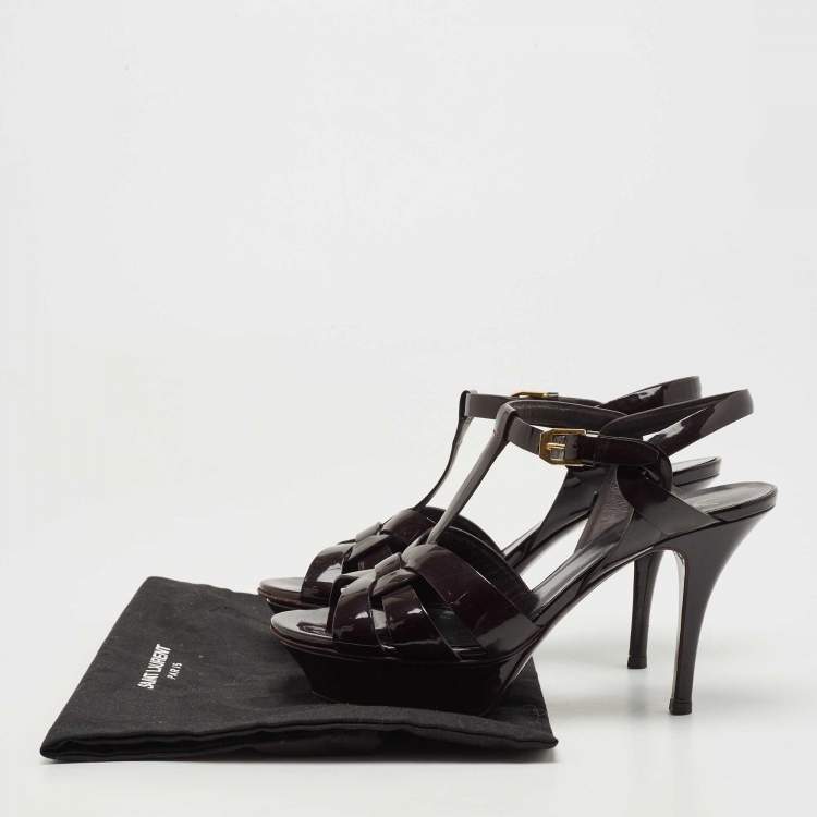 Pre Owned Saint Laurent Burgundy Patent Leather Tribute Sandals Size 36.5