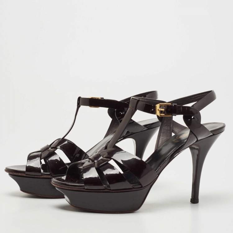 Pre Owned Saint Laurent Burgundy Patent Leather Tribute Sandals Size 36.5