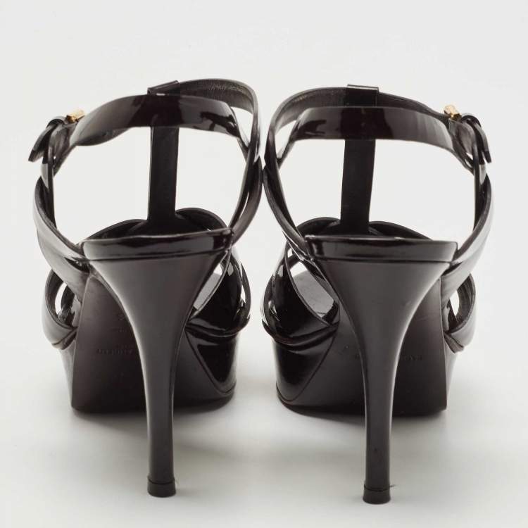Pre Owned Saint Laurent Burgundy Patent Leather Tribute Sandals Size 36.5