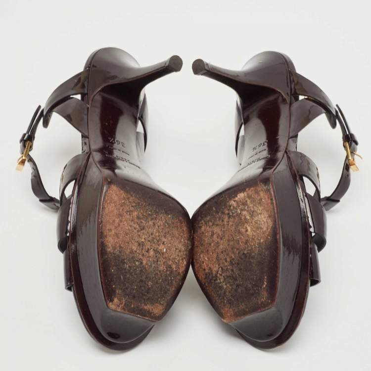 Pre Owned Saint Laurent Burgundy Patent Leather Tribute Sandals Size 36.5