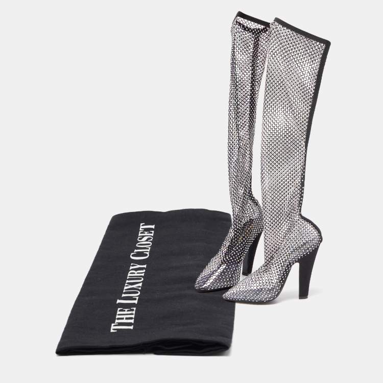 Pre Owned Saint Laurent Black Suede and  Crystal Embellished Mild Calf Boots Size 39