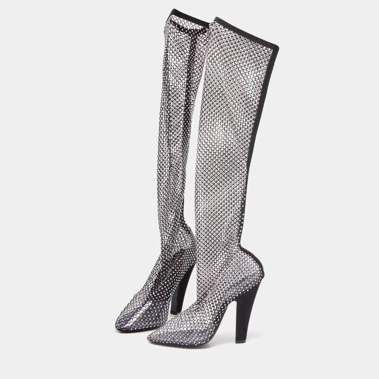 Pre Owned Saint Laurent Black Suede and  Crystal Embellished Mild Calf Boots Size 39