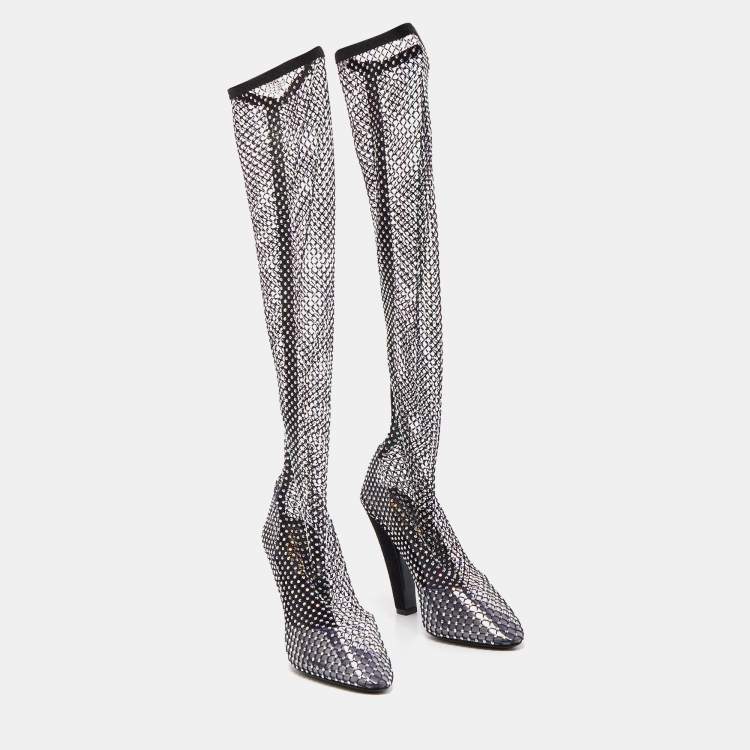 Pre Owned Saint Laurent Black Suede and  Crystal Embellished Mild Calf Boots Size 39