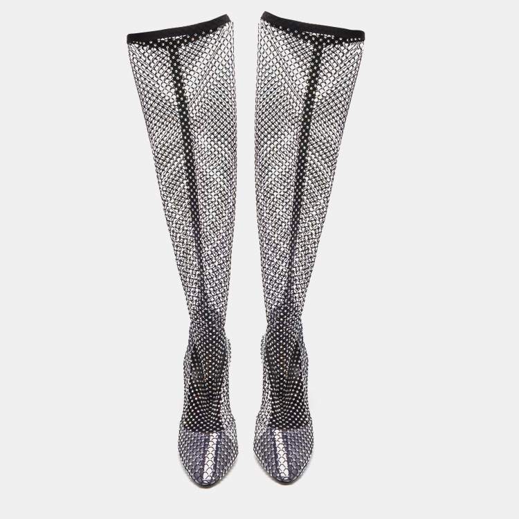 Pre Owned Saint Laurent Black Suede and  Crystal Embellished Mild Calf Boots Size 39