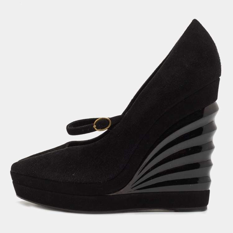 Pre Owned Saint Laurent Black Suede Robyn Wedge Pumps Size 39 