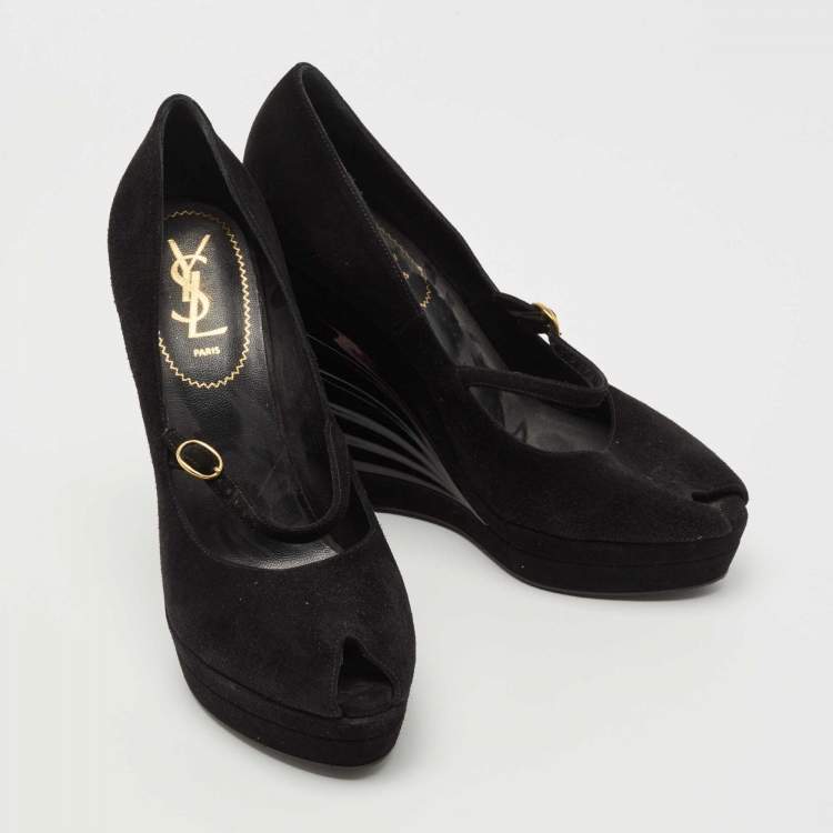 Pre Owned Saint Laurent Black Suede Robyn Wedge Pumps Size 39 