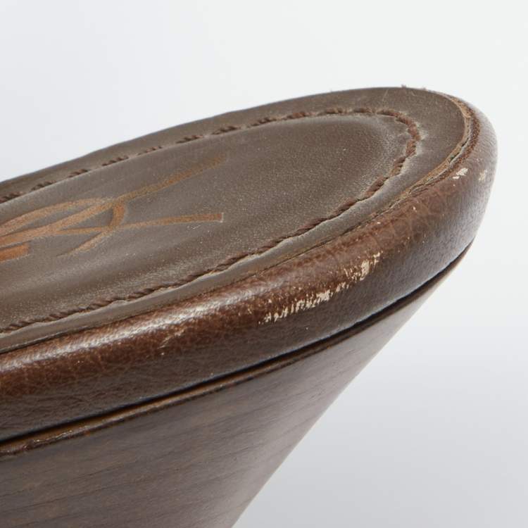 Pre Owned Saint Laurent Brown Leather Y-Bow Platform Sandals Size 37.5
