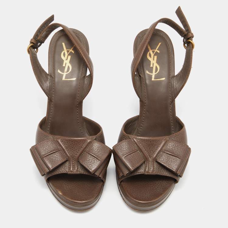 Pre Owned Saint Laurent Brown Leather Y-Bow Platform Sandals Size 37.5