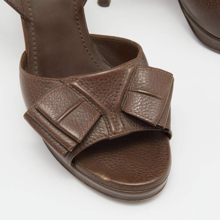 Pre Owned Saint Laurent Brown Leather Y-Bow Platform Sandals Size 37.5