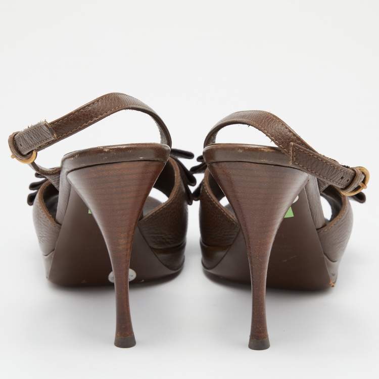 Pre Owned Saint Laurent Brown Leather Y-Bow Platform Sandals Size 37.5