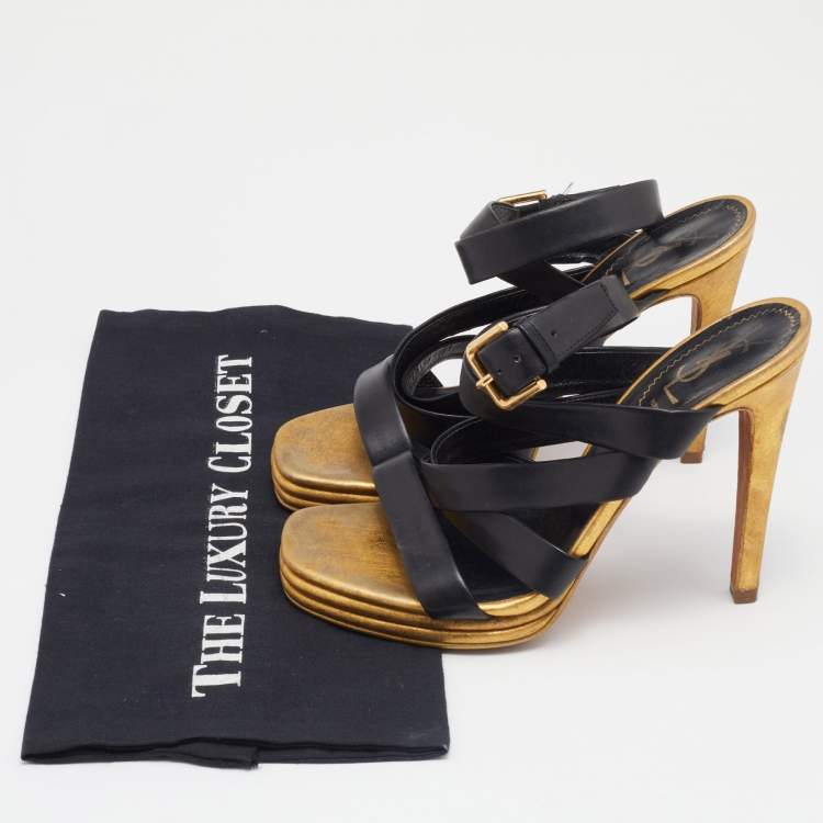 مملوكة مسبقًا Saint Laurent Black/Gold Leather  Ankle Wrap Sandals Size 37.5