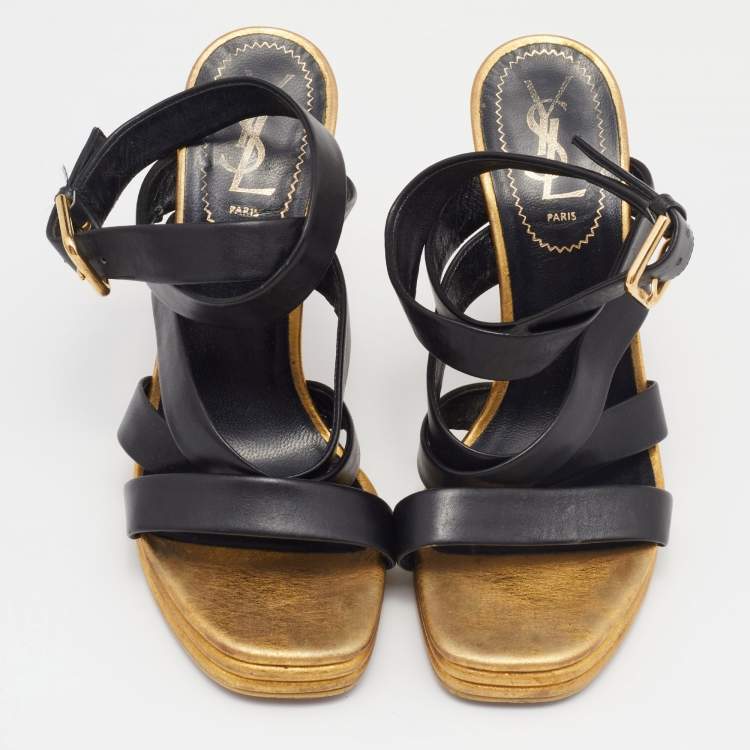 مملوكة مسبقًا Saint Laurent Black/Gold Leather  Ankle Wrap Sandals Size 37.5