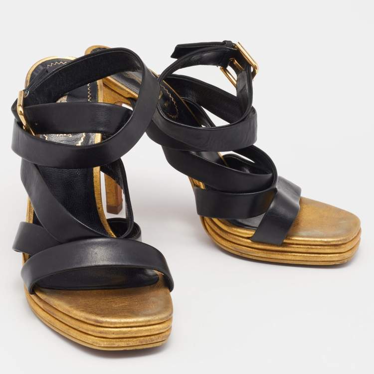 مملوكة مسبقًا Saint Laurent Black/Gold Leather  Ankle Wrap Sandals Size 37.5