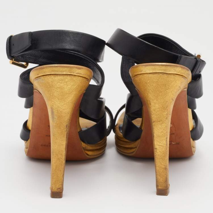 مملوكة مسبقًا Saint Laurent Black/Gold Leather  Ankle Wrap Sandals Size 37.5