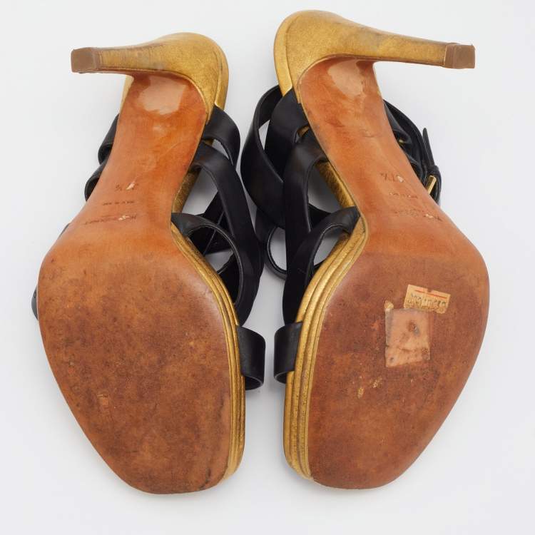 مملوكة مسبقًا Saint Laurent Black/Gold Leather  Ankle Wrap Sandals Size 37.5