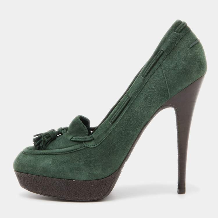 Pre Owned Saint Laurent Green Suede Tribtoo Fringe Details Loafer Pumps Size 39.5