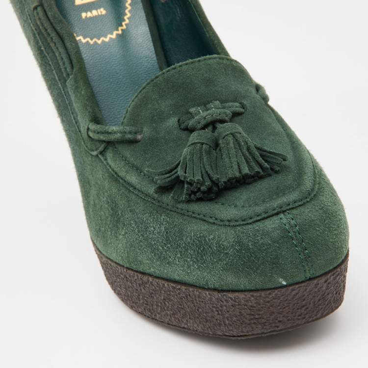 Pre Owned Saint Laurent Green Suede Tribtoo Fringe Details Loafer Pumps Size 39.5