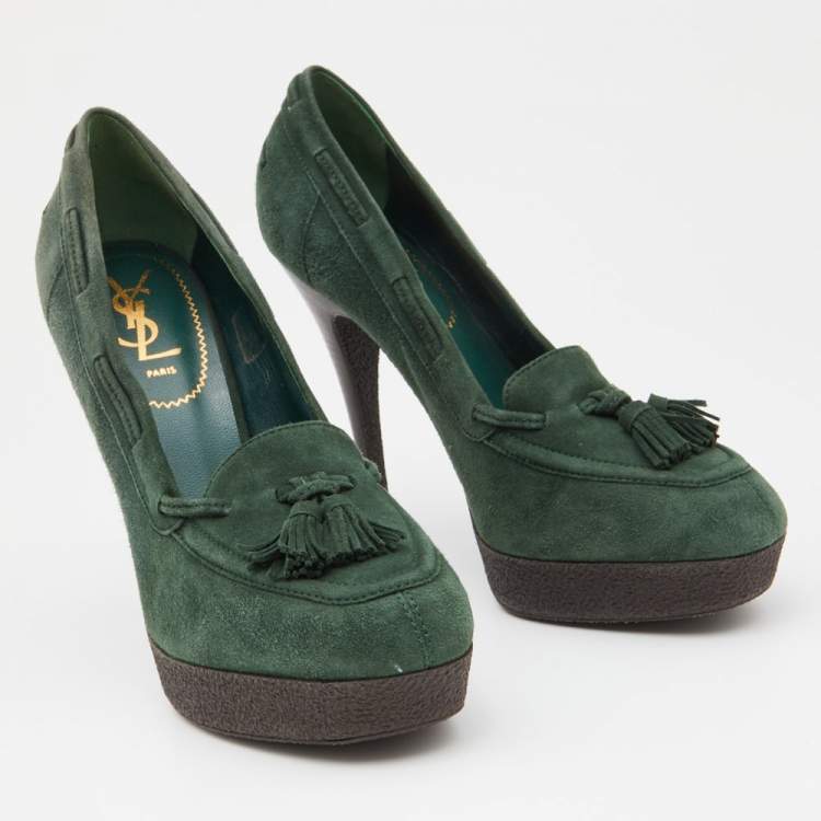 Pre Owned Saint Laurent Green Suede Tribtoo Fringe Details Loafer Pumps Size 39.5
