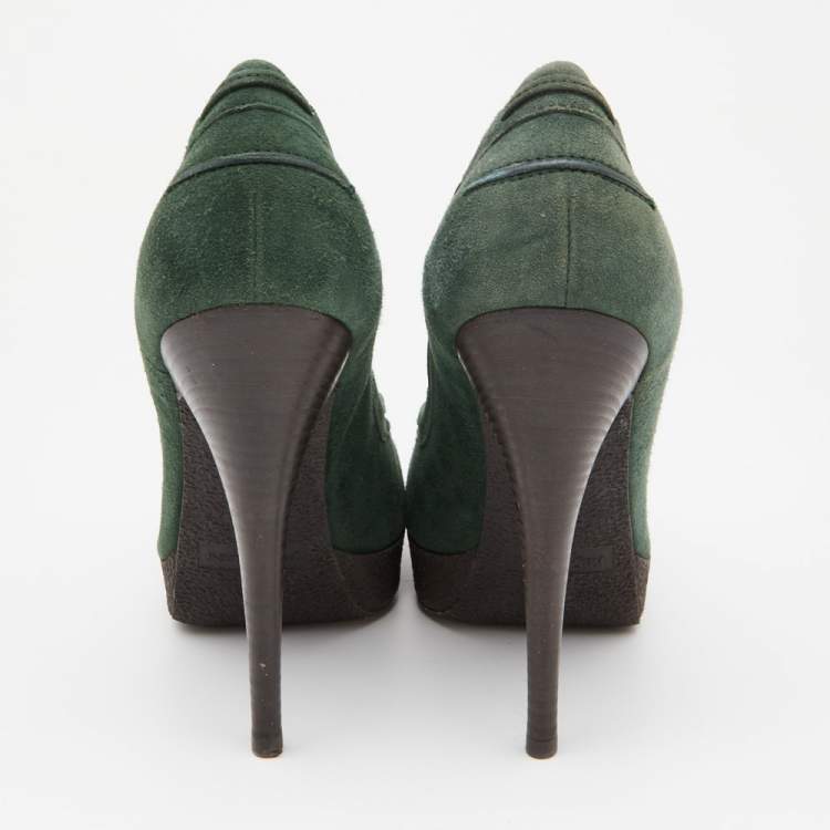 Pre Owned Saint Laurent Green Suede Tribtoo Fringe Details Loafer Pumps Size 39.5