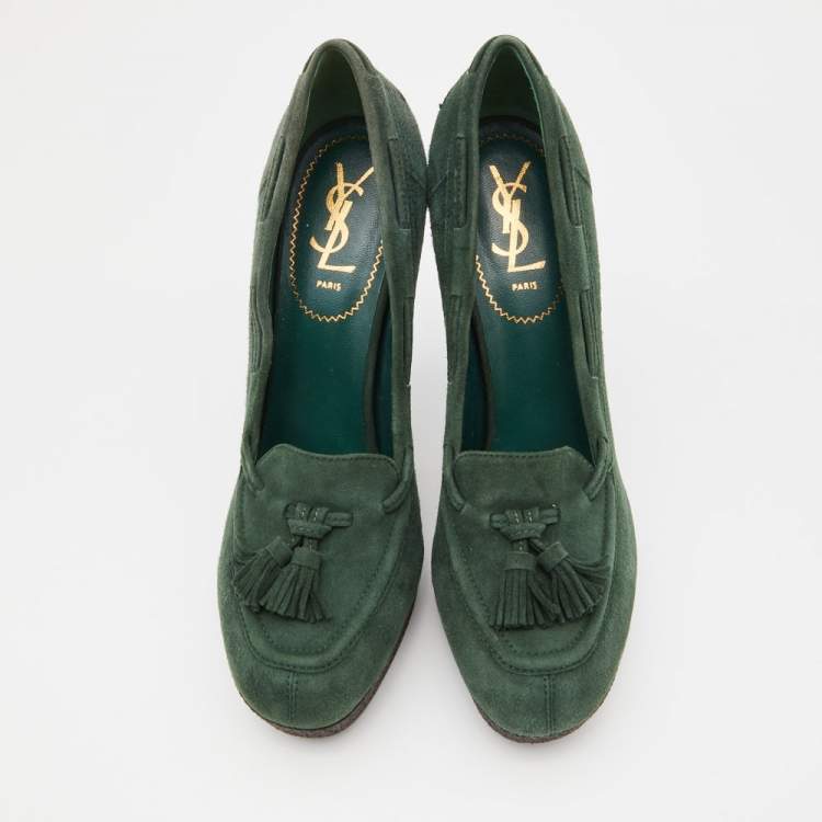 Pre Owned Saint Laurent Green Suede Tribtoo Fringe Details Loafer Pumps Size 39.5