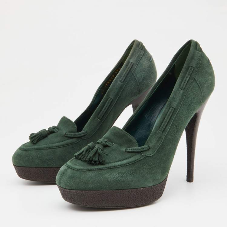 Pre Owned Saint Laurent Green Suede Tribtoo Fringe Details Loafer Pumps Size 39.5