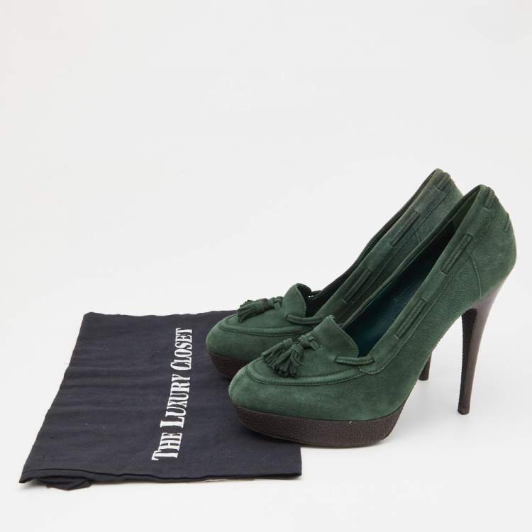 Pre Owned Saint Laurent Green Suede Tribtoo Fringe Details Loafer Pumps Size 39.5