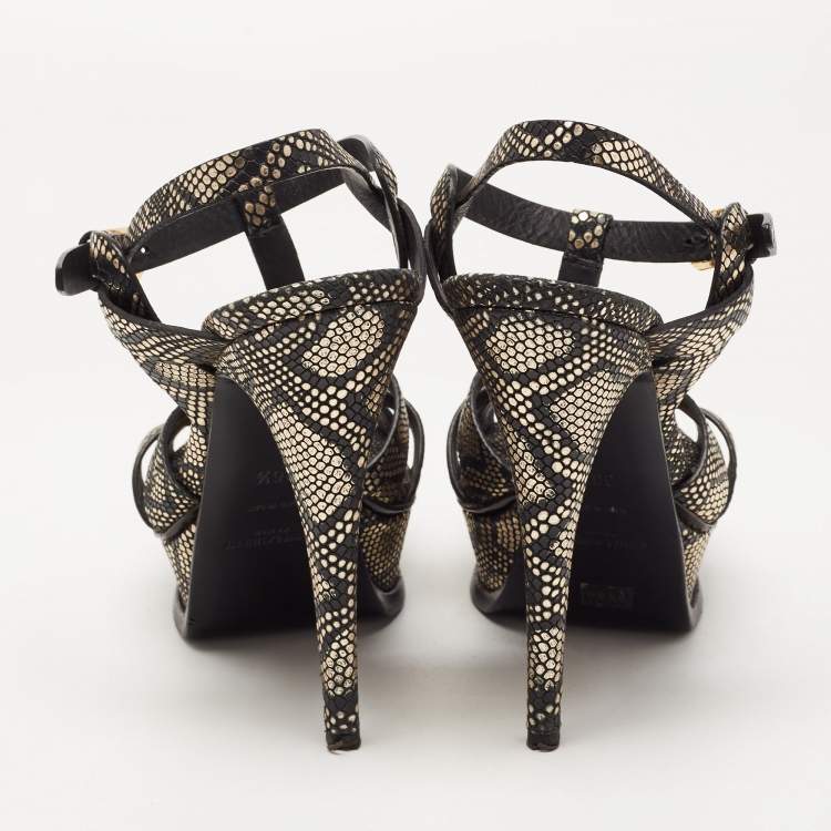 مملوكة مسبقًا Saint Laurent Black/Gold Textured Leather Tribute Sandals Size 36.5