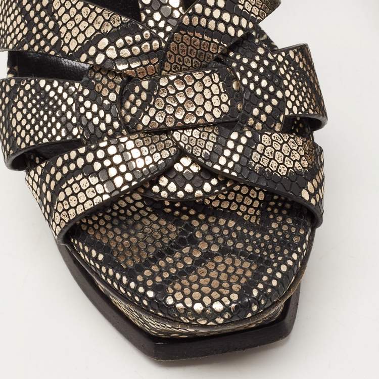 مملوكة مسبقًا Saint Laurent Black/Gold Textured Leather Tribute Sandals Size 36.5