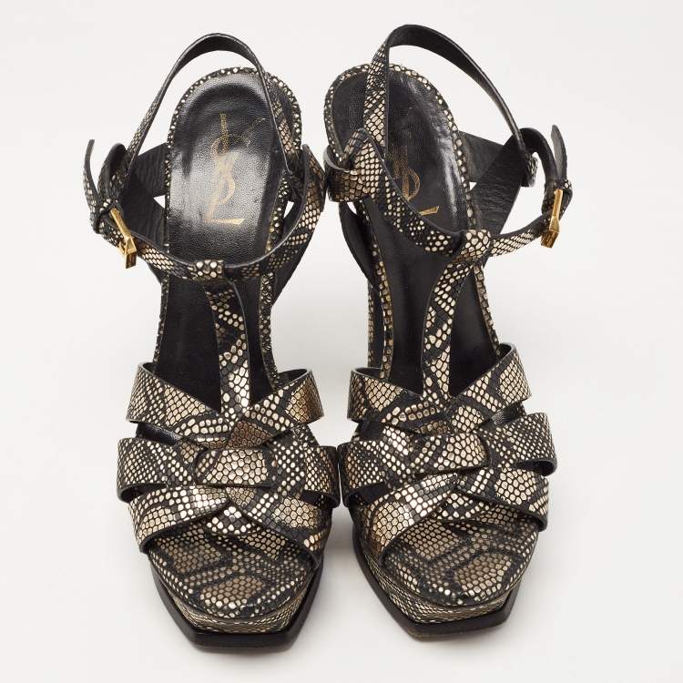 مملوكة مسبقًا Saint Laurent Black/Gold Textured Leather Tribute Sandals Size 36.5